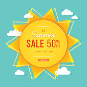Big summer sale banner. Sun with rays, clouds and sign. Summer template poster design for print or web. Vector discount background.