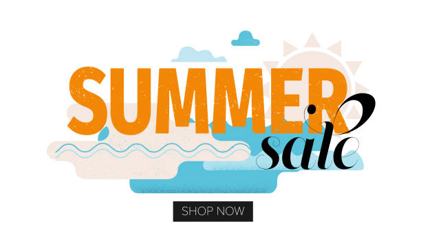 Big summer sale sign in vibrant colors. Beach and sea concept in the background. Summer sale banner template. vector art illustration