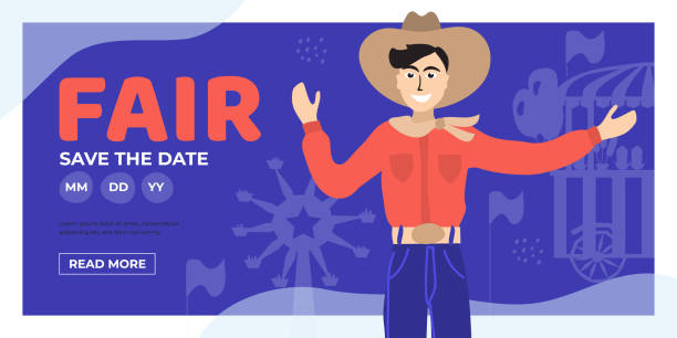 Big Tex and State Fair Illustration Vector detail illustration for State Fair with Big Tex. Event poster with Fair Park Dallas,ferris wheel, flags. Design template for invitation, landing page, layout, banner, print, flyer. Save the date cowboy hat template stock illustrations