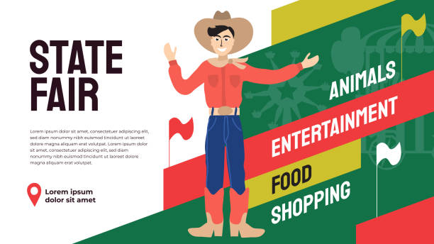 Big Tex and State Fair Illustration Vector illustration for State Fair with Big Tex, announcement entertainment. Event poster with ferris wheel, flags. Design template for invitation, landing page, layout, banners, prints, flyer, web. cowboy hat template stock illustrations