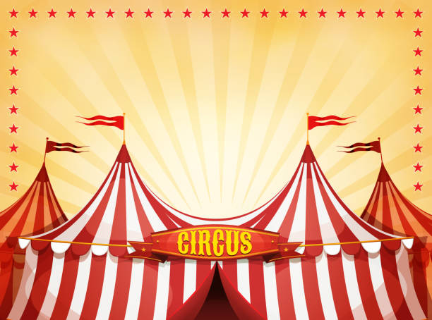 Big Top Circus Background With Banner Illustration of cartoon white and red big top circus tents background, with marquee or banner on a yellow summer sky background circus stock illustrations