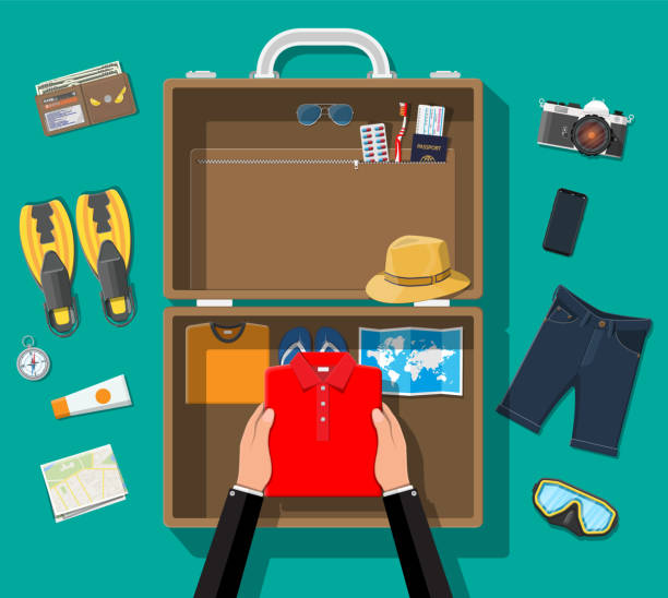 stockillustraties, clipart, cartoons en iconen met grote reisset. zomervakantie, toerisme, vakantie - packing suitcase