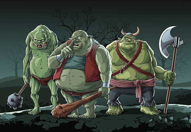 Big trolls (Orc) Three big trolls in night forest. monster fictional character stock illustrations