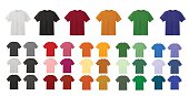 Big t-shirt templates collection of different colors isolated on white background, vector eps10 illustration made with gradient mesh. White, black, red, yellow,orange,green,purple, brown blank t-shirts for merchandising. Front view.