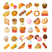 Big variety of colorful fast foods from many countries of the world.  Pastry, desserts, fun fair treats, breakfast and lunch snacks from street vendors and cafe.  Set of isolated vector cartoon icons.