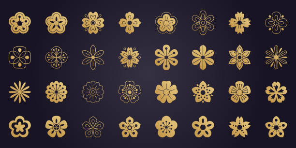 Big vector collection of sakura flowers icons. Cherry blossom Big vector collection of sakura flowers icons. 32 Japanese cherry blossom symbols isolated on dark background. flower icons stock illustrations