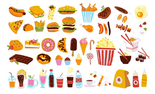 Big vector fast food & snack set isolated on white background: burger, dessert, pizza, coffee, chicken, wok, beef etc