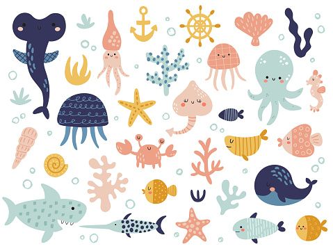 big vector set of cute underwater animals