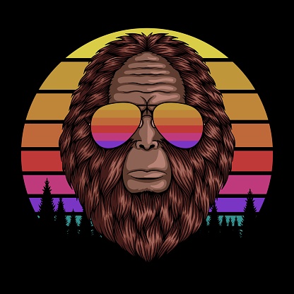Bigfoot head eyeglasses sunset retro vector illustration for your company or brand