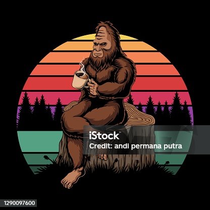 istock Bigfoot relaxing coffee sunset retro vector illustration 1290097600