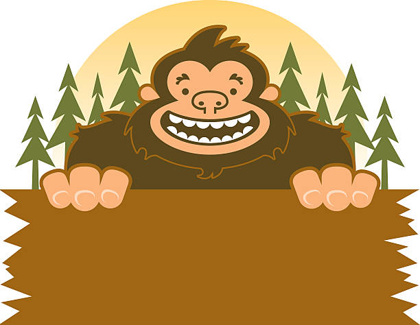 Bigfoot Smiling Holding Sign in the Woods vector art illustration