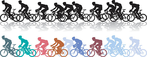 Bike race A group of cyclists racing for the finish, comes in mono or color, each cyclist is an individual shape, apart from the group of two 2nd from the rear, who are one shape. All the cycles are easy to move and re-color if required, 3 layers help ease of use. cycling silhouettes stock illustrations