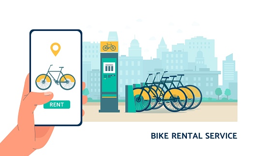 Bike rental service app banner with smartphone and bicycle rent stand