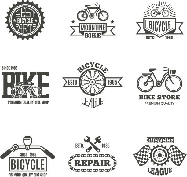 Bike shop, bicycle, biking vintage vector labels, icon, badges and emblems Bike shop, bicycle, biking vintage vector labels, icon, badges and emblems. Bike store and shop badge bicycle, part and repair illustration cycling borders stock illustrations