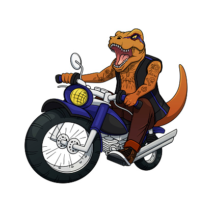 Biker Raptor head with leather jacket on motor bike. Illustration for print on cloths and motor bike clubs and teams. Dinosaur mascot motorcycle rider. Isolated.