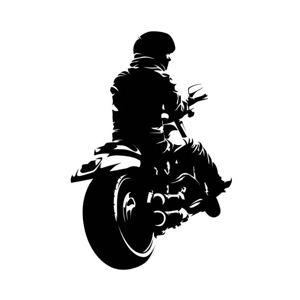stockillustraties, clipart, cartoons en iconen met biker zittend op chopper motorfiets. achterzijde te bekijken. geïsoleerde inkt tekening, vector silhouet - motorfietser