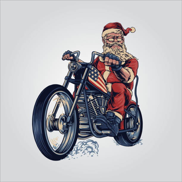 stockillustraties, clipart, cartoons en iconen met fietsers santa claus vrolijke kerst cooper rijden motorfiets amerikaanse vlag voor uw werk reclame en kledinglijn, stickers merchandise - motorfietser