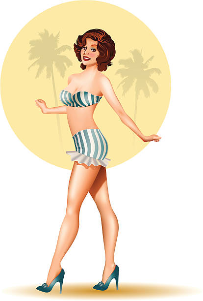 Bikini Retro Girl "Retro style girl, walking in the beach." pin up girl stock illustrations