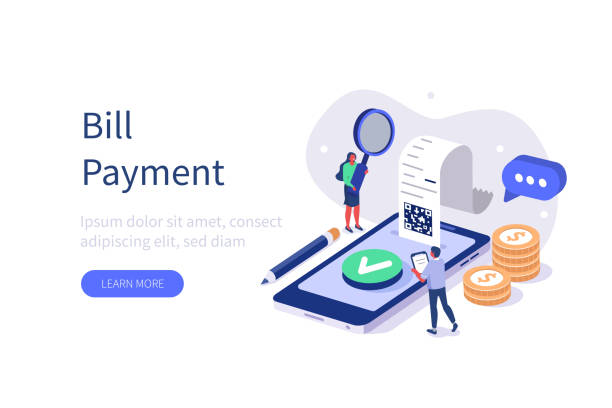 bill payment People Characters paying Bill on Smartphone. Woman and Man Characters checking Online Receipt or Invoice. Online Banking Technology and Mobile Payment Concept. Flat Isometric Vector Illustration. computer graphic illustrations stock illustrations