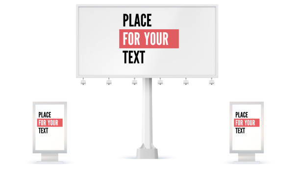 billboard i lightbox, symbol zastępczy panelu reklamy reklamy. ilustracja 3d izolowana na białym tle. zestaw konstrukcji pustych ikon billboardów, makiety w pełnym rozmiarze - billboard mockup stock illustrations