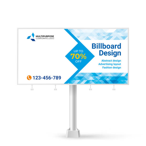 billboard tasarımı, fotoğraf ve metin yerleştirmek için açık afiş reklam, yaratıcı geometrik mavi arka plan - billboard mockup stock illustrations