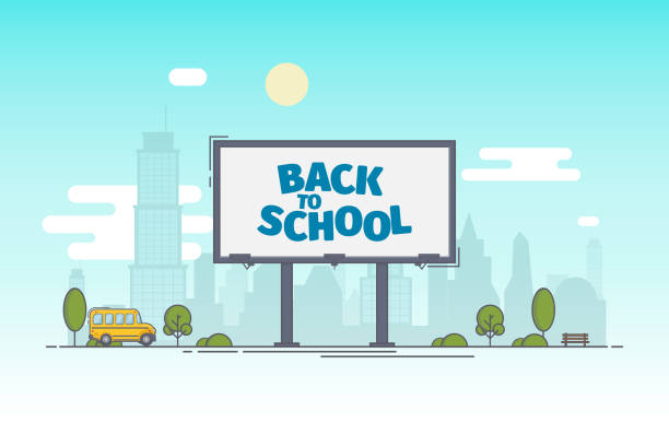 plakat mit den worten zurück zur schule auf dem hintergrund der stadt. - billboard stock-grafiken, -clipart, -cartoons und -symbole