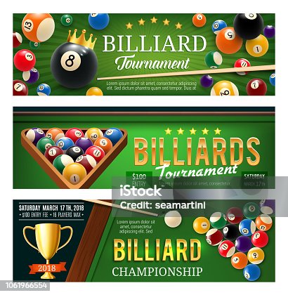 istock Billiards sport game, balls and cues 1061966554