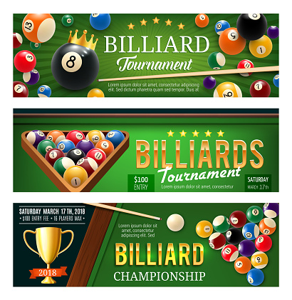 Billiards sport game, balls and cues