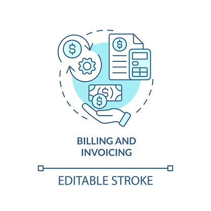 Billing and invoicing turquoise concept icon. Payment system. Online workplace tool abstract idea thin line illustration. Isolated outline drawing. Editable stroke. Arial, Myriad Pro-Bold fonts used