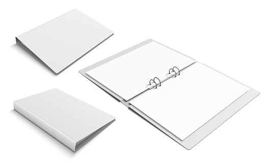 Binder with 4 metal ring clamps. Set of different views of open and closed folder. Vector realistic isolated mockup illustration.