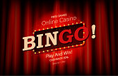 Bingo. Banner on the background of a red curtain. Vector illustration