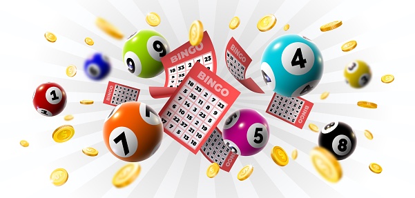 Bingo winner background with lottery tickets, balls and gold coins. Realistic keno gambling game win poster with cards burs vector concept