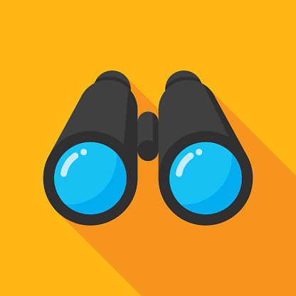 Vector illustration of a pair of binoculars against a yellow background in flat style.
