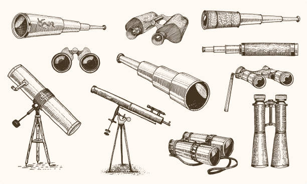 Binoculars or field glasses. Military set. vintage telescopes and optical equipment. engraved hand drawn old line icon. retro sketch style. Concept of active travel, exploration, discovery. Binoculars or field glasses. Military set. vintage telescopes and optical equipment. engraved hand drawn old line icon. retro sketch style. Concept of active travel, exploration, discovery telescope stock illustrations