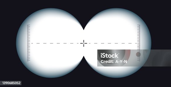 istock Binoculars viewfinder template. Realistic 3d illustration of transparent gradient lens. Vector card of view binoculars with soft blurry edges and transparency fields with measuring scale in the center 1390685052