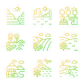 Biomes and landforms gradient linear vector icons set. Land type diversity. Climate zones. Northern and southern regions. Thin line contour symbols bundle. Isolated outline illustrations collection