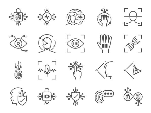 Biometric line icon set. Included icons as bio security, fingerprint scan, retina scan, face recognition, voice recognition, password and more. Biometric line icon set. Included icons as bio security, fingerprint scan, retina scan, face recognition, voice recognition, password and more. dna icons stock illustrations