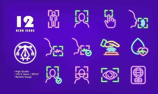 Biometry set icon. Scan, unlock, face id, voice recognition, hand, eye, pulse, scanner, iris, international passport, fingerprint, input, recognize. Privacy concept. Neon glow style. Vector line icon.