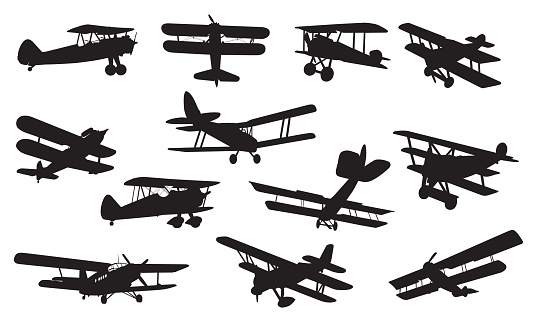 Vector silhouettes of twelve biplnes on a white background.