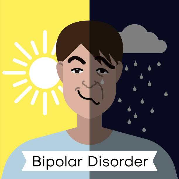 Bipolar disorder concept. Young man with double face expression and mental health weather concept Bipolar disorder concept. Young man with double face expression and mental health weather concept. Vector illustration half happy half sad stock illustrations
