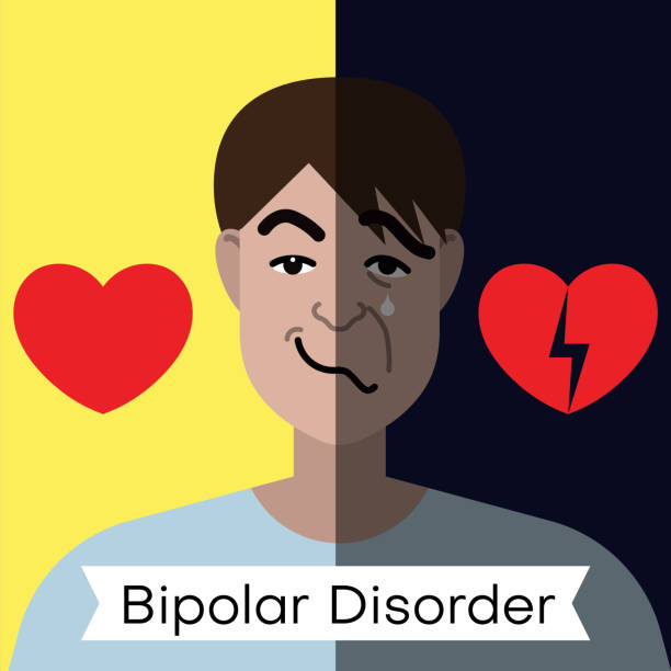 Bipolar disorder concept. Young man with double face expression and red heart Bipolar disorder concept. Young man with double face expression and red heart. Vector illustration half happy half sad stock illustrations