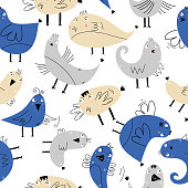 istock Bird cute seamless pattern, scandinavian hand drawn pastel colors. Good for fabric, background, wallpaper, and textile print. Vector illustration childish drawing nordic style. Blue and yellow colors. 1253786650