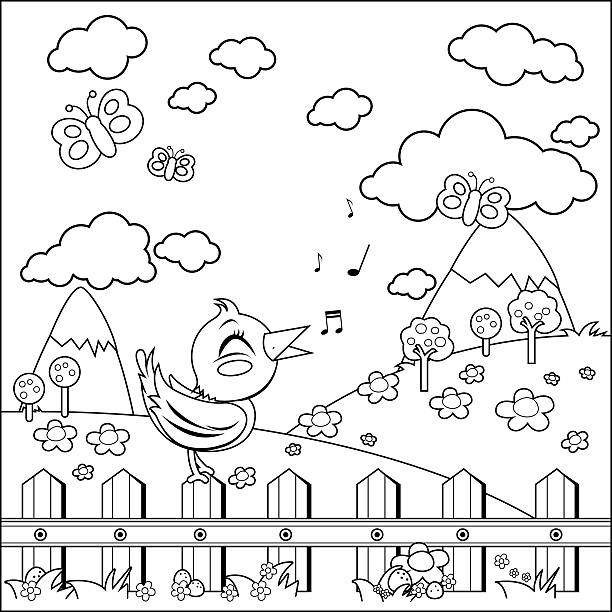 Bird On A Fence In The Countryside Coloring Book Page Vector Art Illustration