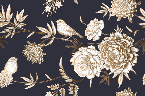 Birds and flowers peonies. Seamless pattern. Vector. Gold, black and white