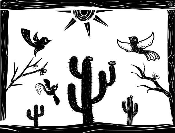 ilustrações, clipart, desenhos animados e ícones de pássaros voando sobre cactos. ilustração estilo xilogravura. cena do deserto - gado brasil