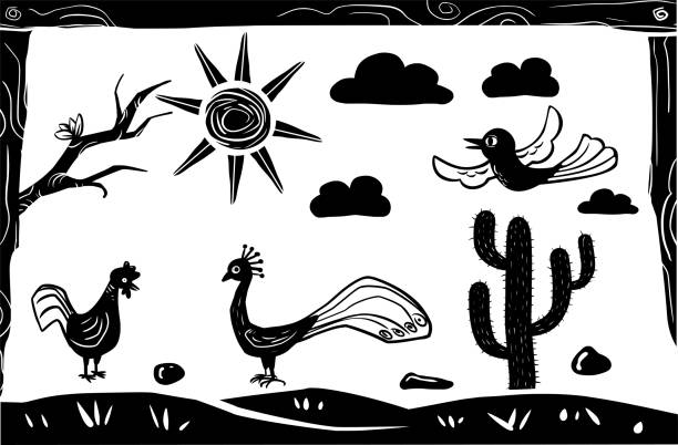 ilustrações, clipart, desenhos animados e ícones de pássaros voando sobre cactos. ilustração estilo xilogravura. cena do deserto - gado brasil