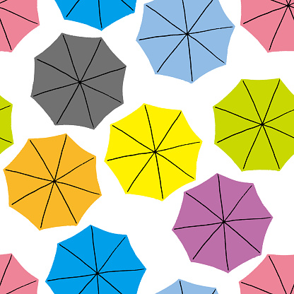 A bird's-eye view of hand-drawn vector illustrations of colorful umbrellas.