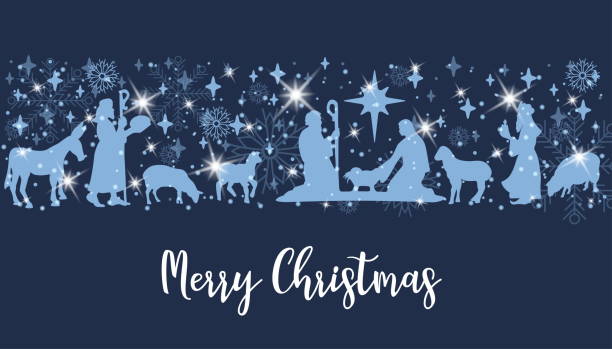 Birth of Christ scene Birth of Christ scene horizontal banner. Merry Christmas card with Nightly christmas cribe with Mary and Joseph with baby Jesus. Donkey and sheep with spark and snowflake. Vector Illustration religion stock illustrations