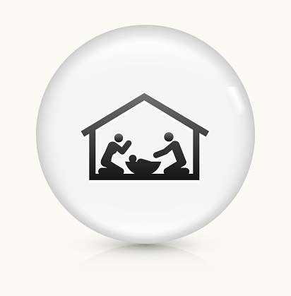 Birth of Jesus Icon on simple white round button. This 100% royalty free vector button is circular in shape and the icon is the primary subject of the composition. There is a slight reflection visible at the bottom. vector