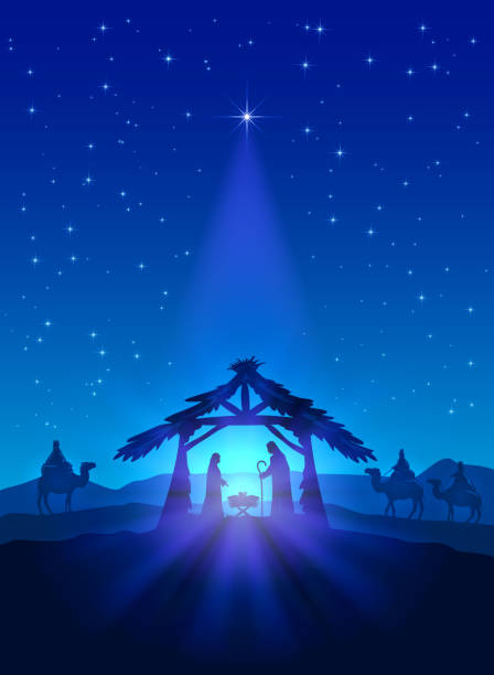 Birth of Jesus Christian theme, Christmas star on blue sky and birth of Jesus, illustration. jesus christ stock illustrations